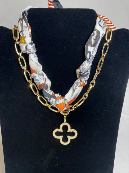 Clara Scarf Necklace with Pearl Studded Clover Charm
