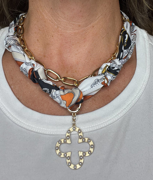 Clara Scarf Necklace with Pearl Studded Clover Charm