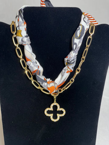Clara Scarf Necklace with Pearl Studded Clover Charm