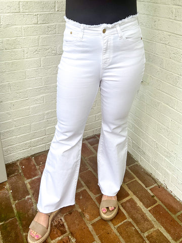 Judy Blue Fray Waistband White Flare Jeans