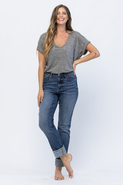 Judy Blue Frayed & Cuffed Hem Boyfriend Jeans